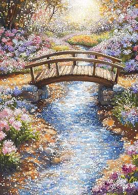 Garden Bridge in Bloom: Pointillism Masterpiece