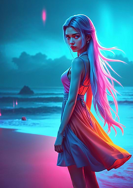 Woman in Neon Dress on Beach