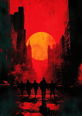 Red Cityscape with Silhouettes