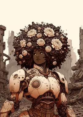 Cyborg Woman with Flowers