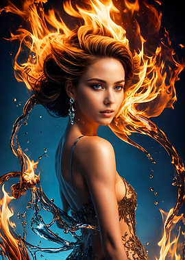 Energy Art: Girl, Fire, and Water Unity