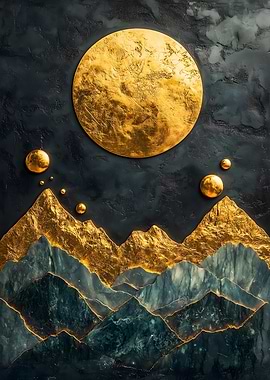 Gold Mountains & Moon Japanese Landscape