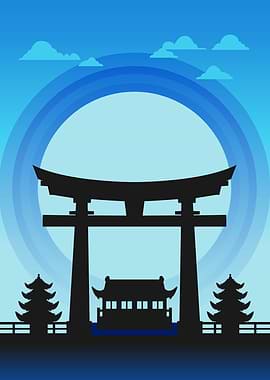 Blue Japanese Temple Silhouette