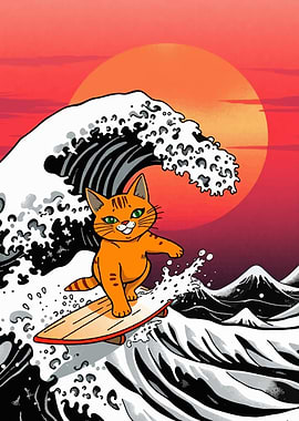 Orange Cat Surfing Giant Wave