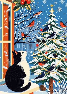 Cat Sitting on the Snowy Windowsill