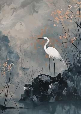 White Heron in Misty Landscape