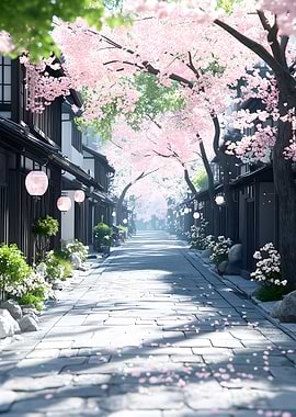 Cherry Blossom Street Japanese Landscape