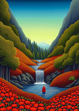Tranquil Valley Waterfall: Contemporary Pointillism Art