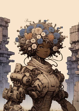 Cyborg Woman with Flowers