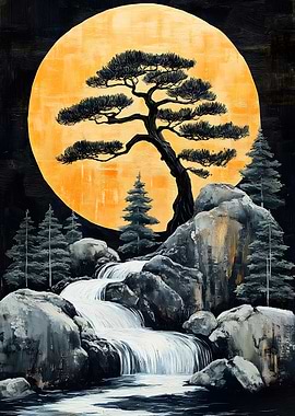 Waterfall and Bonsai Tree