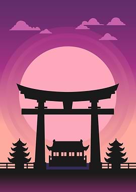 Sunset Japanese Temple Silhouette