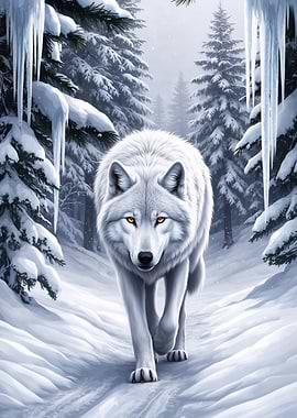 White Wolf in Winter Forest