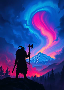 Viking Warrior Under Aurora