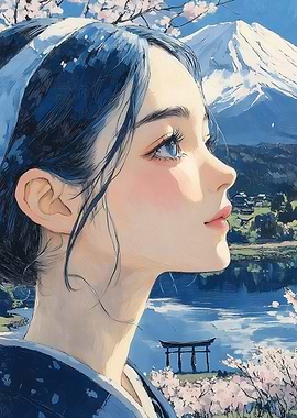 Anime Girl with Mountain View Japanese Landscape