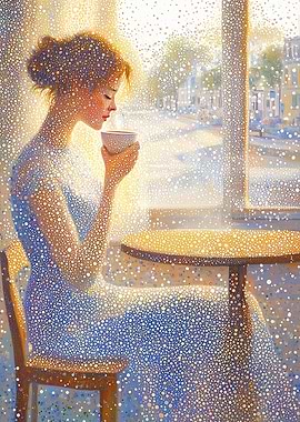 Serene Moment: Pointillism Woman with Tea