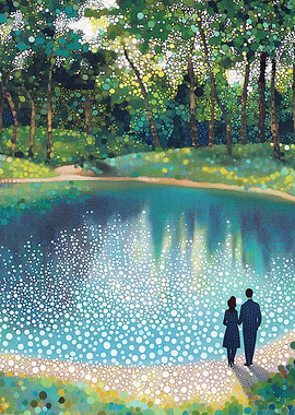 Pointillism Serenity: Couple by the Pond