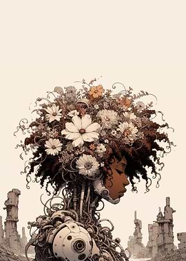 Cyborg Woman with Flowers