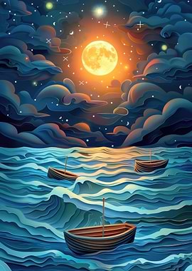 Night Sea with Boats
