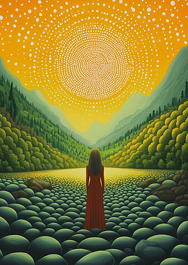 Golden Sunrise Valley: Contemporary Pointillism Art