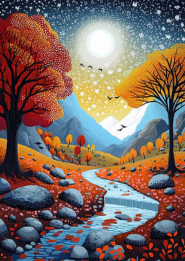 Autumn Moonlit Stream: Contemporary Pointillism Scene