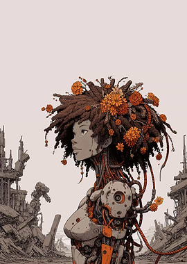 Cyborg Woman with Flowers