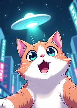 Funny Anime Cat Selfie in Front of UFO in City
