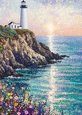 Lighthouse Serenity: Coastal Pointillism Art