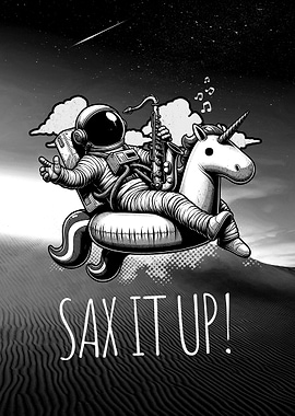 Astronaut Playing Saxophone on a Unicorn Inflatable Raft