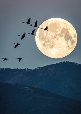Cranes Flying Past Full Moon