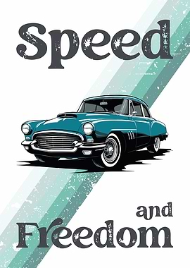 A vintage teal-coloured car is depicted in a stylized illustration