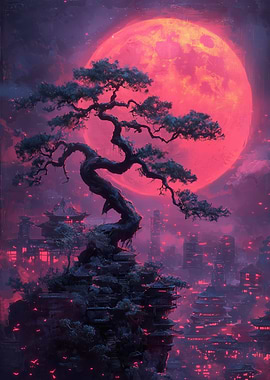 Red Moon Bonsai Cityscape