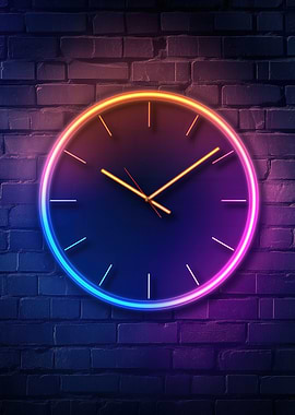 Neon Clock on Brick Wall