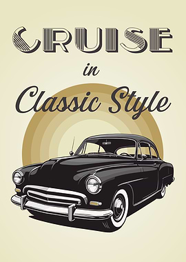 A vintage-style poster featuring a black classic car.