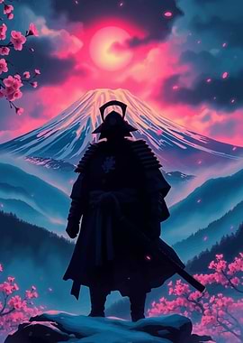 Samurai Silhouette with Snowy Mountain