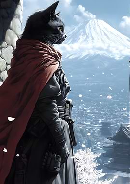 Cat Samurai with Mountain View