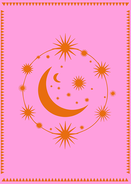 Celestial Moon and Stars in Vibrant Pink and Orange