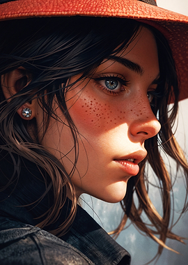 Radiant Freckled Portrait with Red Hat