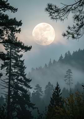 Full Moon Over Foggy Forest