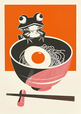 Frog Ramen Colorful Japanese Woodblock