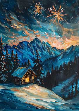 Cabin in the Mountains during Fireworks Painting