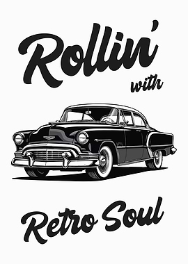 American classic car in black and white with vintage stylized typography.