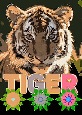 Tiger Portrait with Flowers