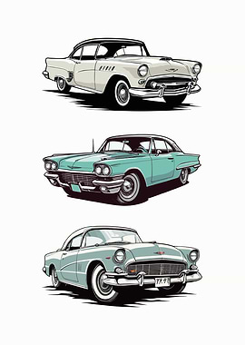 A vintage-style poster featuring three classic cars.