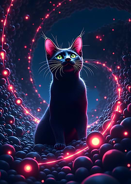 Black Cat in Neon Tunnel