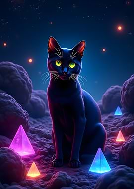 Black Cat in Neon Landscape