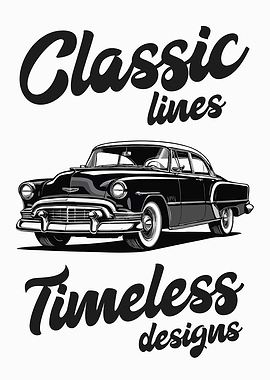 Black and white illustration of a classic American car with stylized typography.