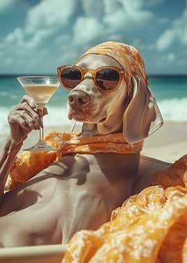 Weimaraner Dog in Sunglasses on Beach