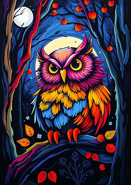 Psychedelic Owl in Forest