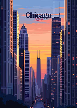 Chicago Skyline Sunset