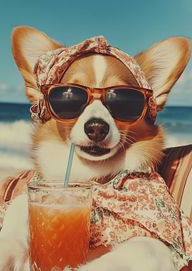 Corgi in Sunglasses at the Beach